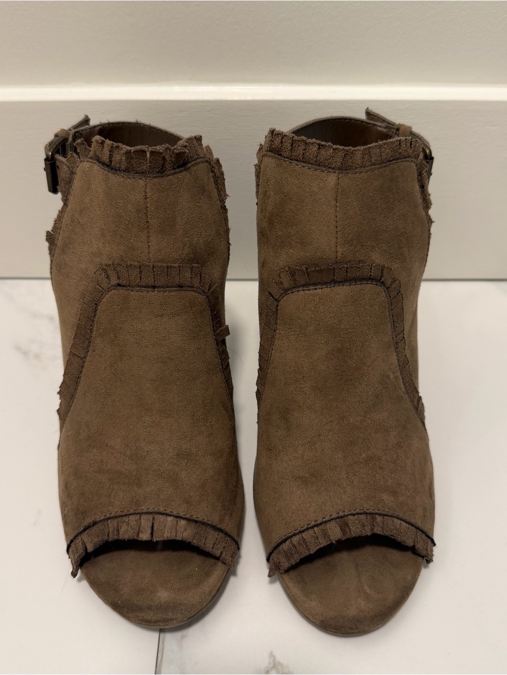Women’s Brown Suede Peep-Toe Block Heel Booties